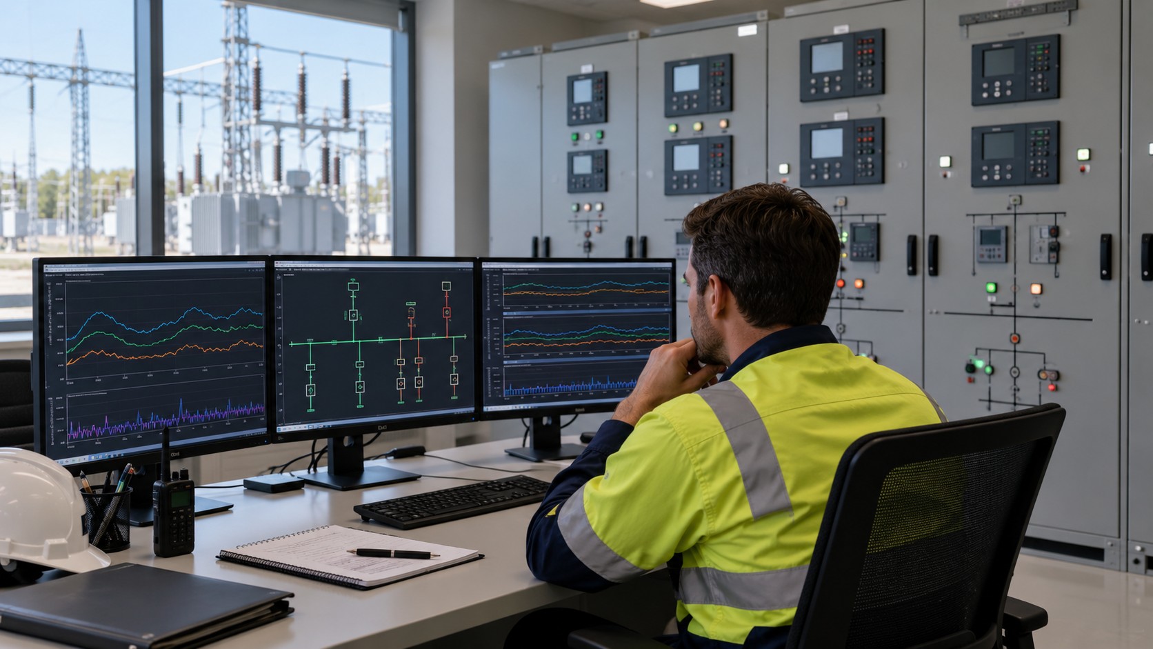 Engineer reviewing transformer monitoring displays in a control room