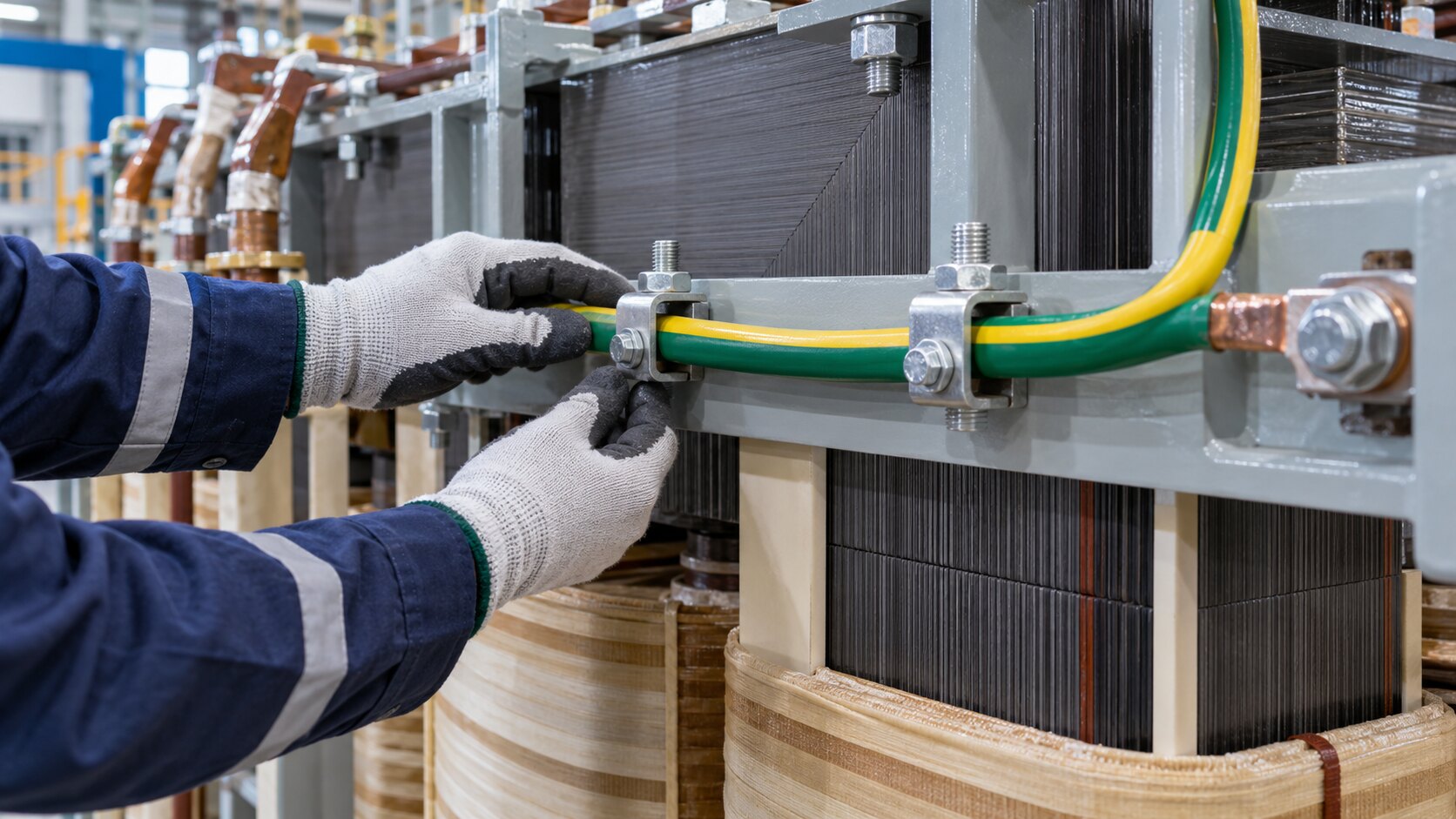 Inspector reviewing the insulated transformer core grounding lead before tanking