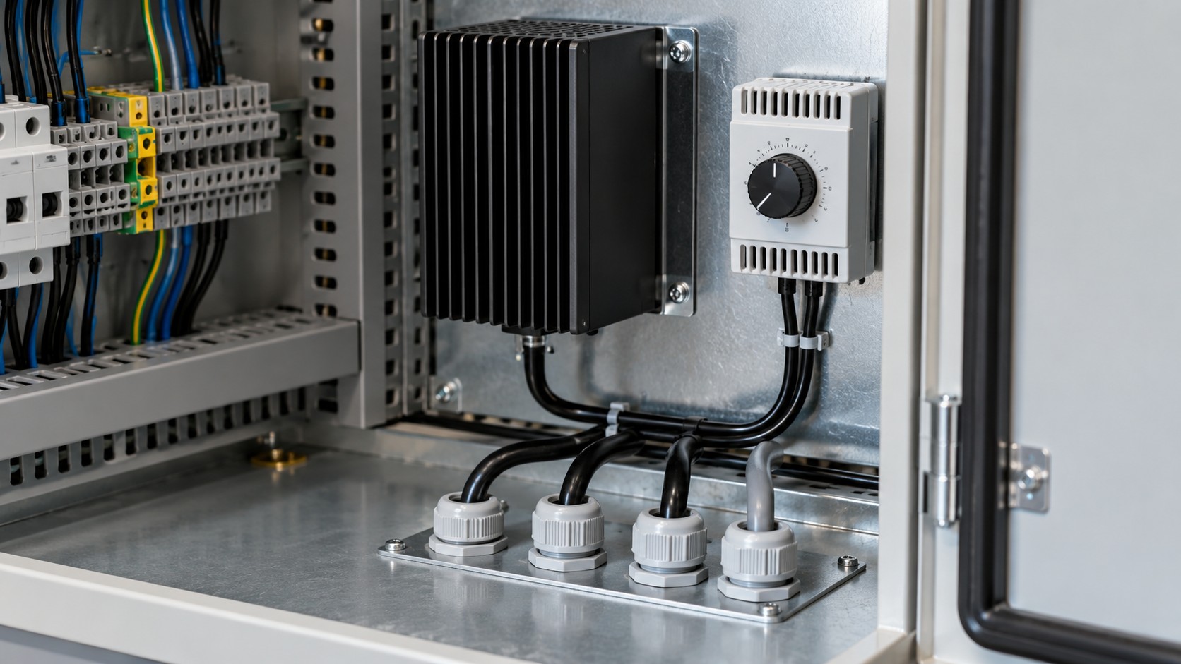 Space heater and thermostat mounted above cable glands in a control enclosure