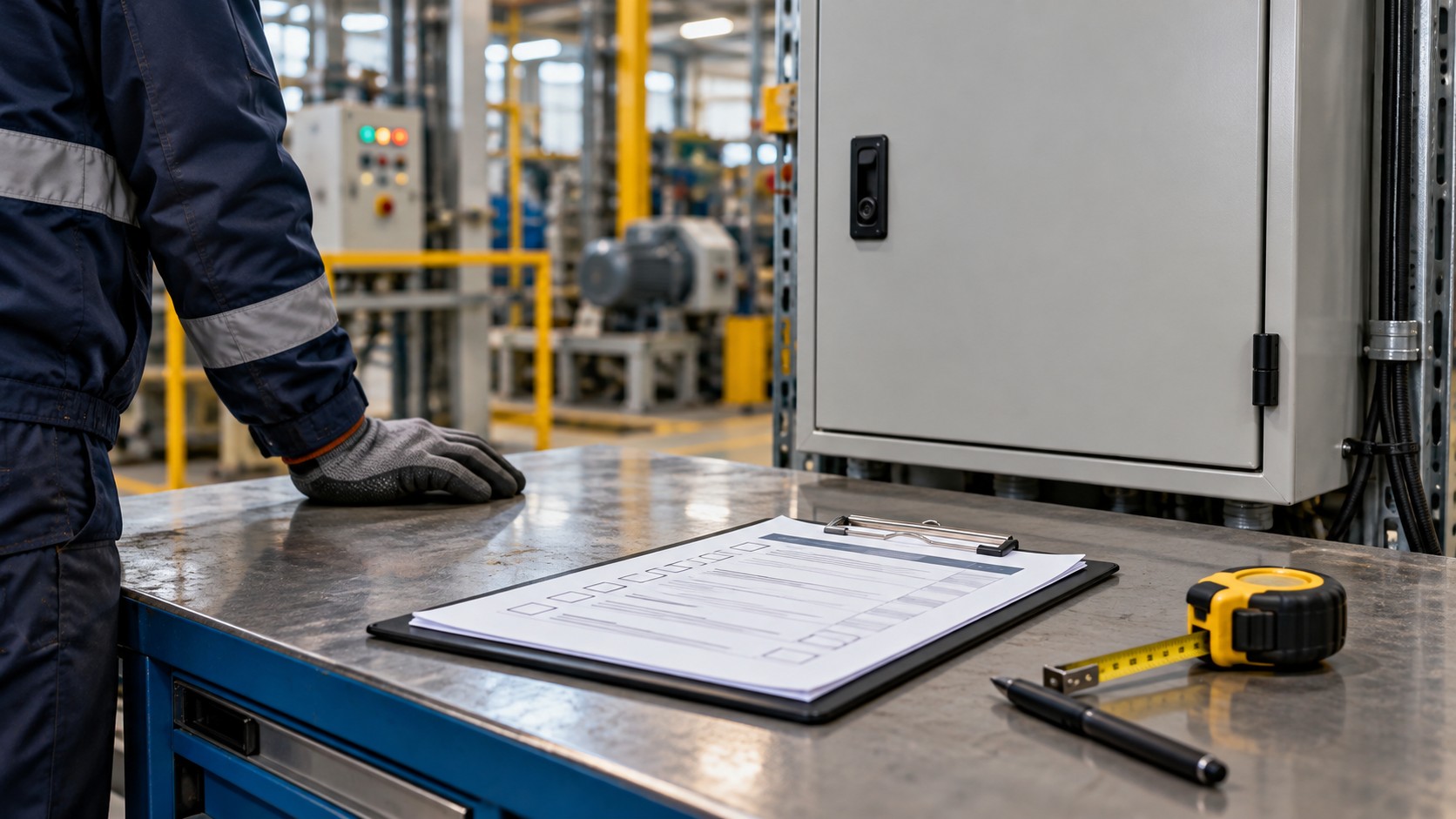 Inspection clipboard and measuring tape beside a closed electrical cabinet