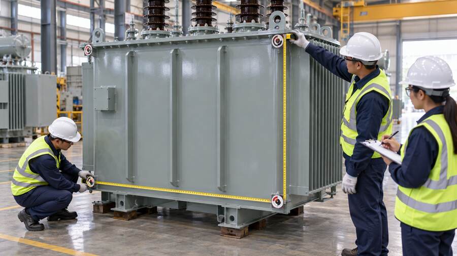 Inspectors measuring transformer tank width and height at defined datum points
