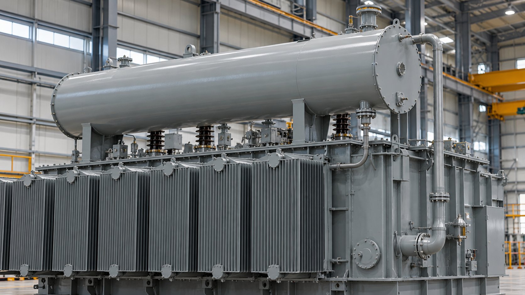 Transformer conservator and connected pipework above cooling radiators