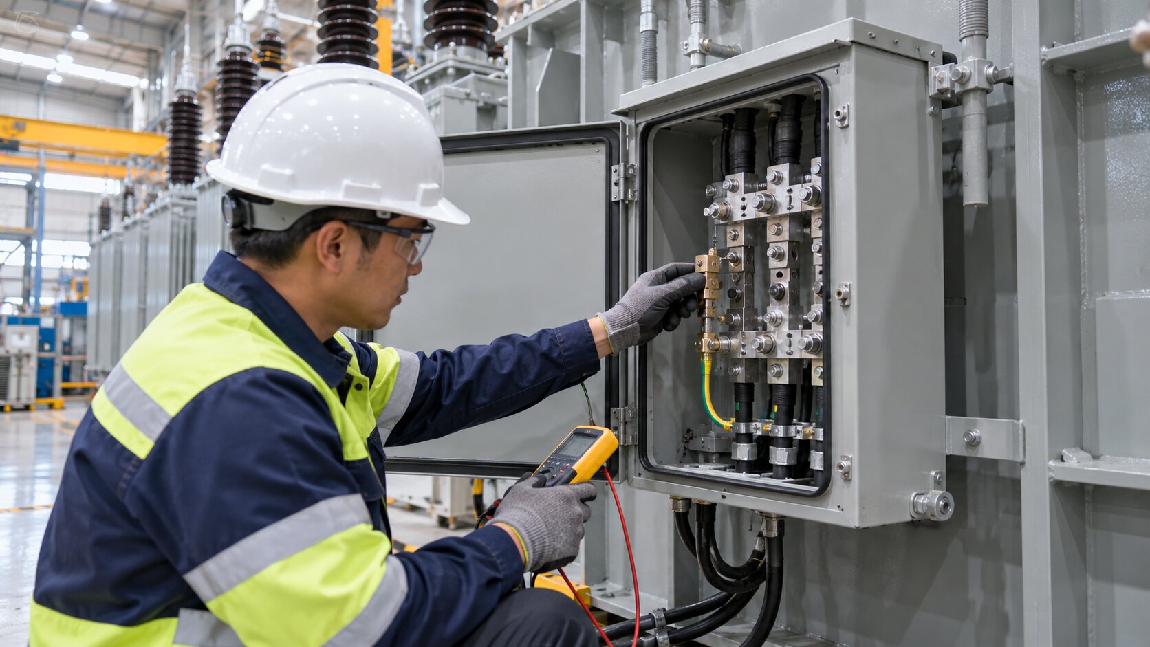 Engineer checking the transformer core earth test link in a terminal enclosure