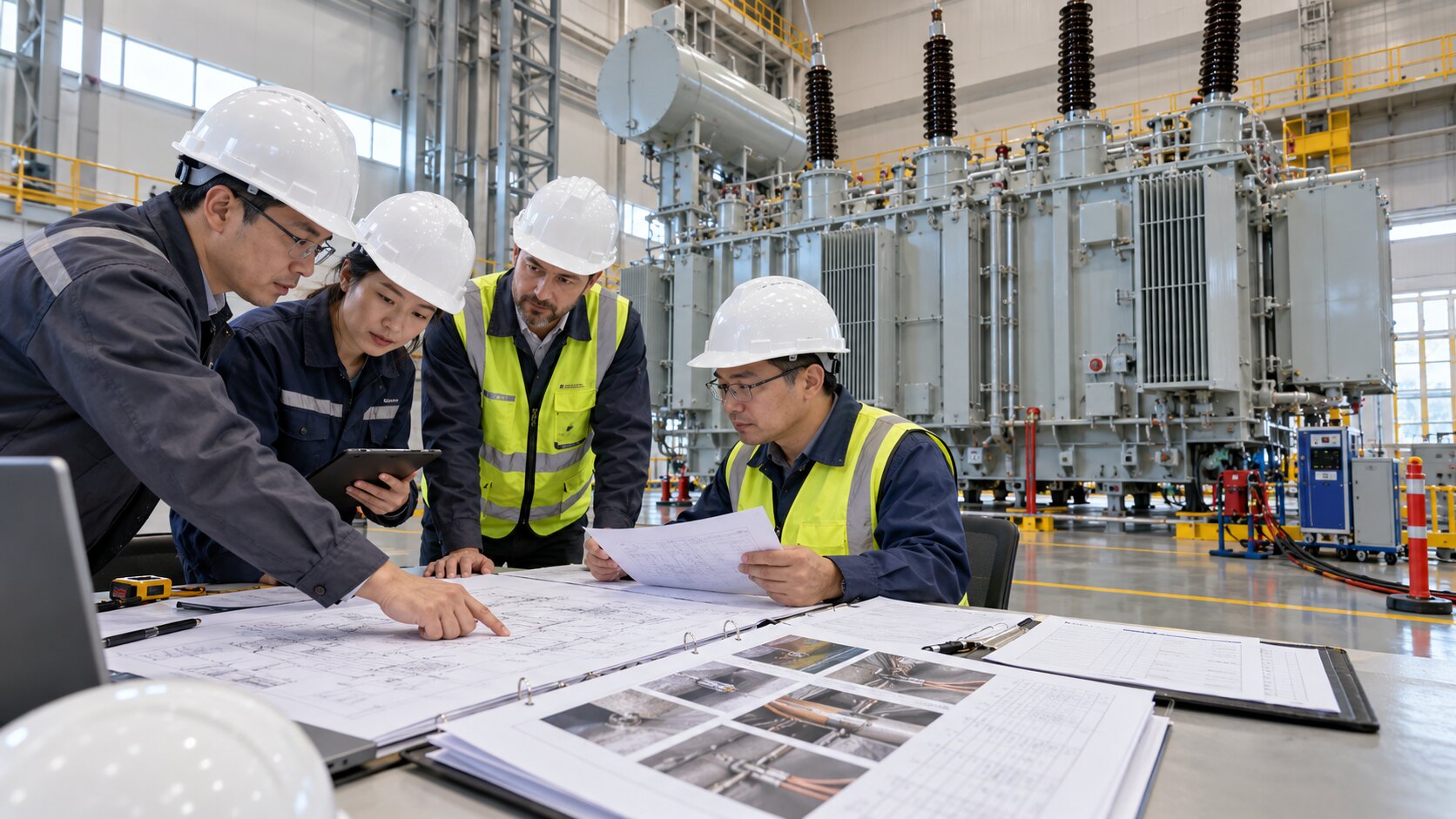 Engineering team reviewing transformer core grounding FAT records