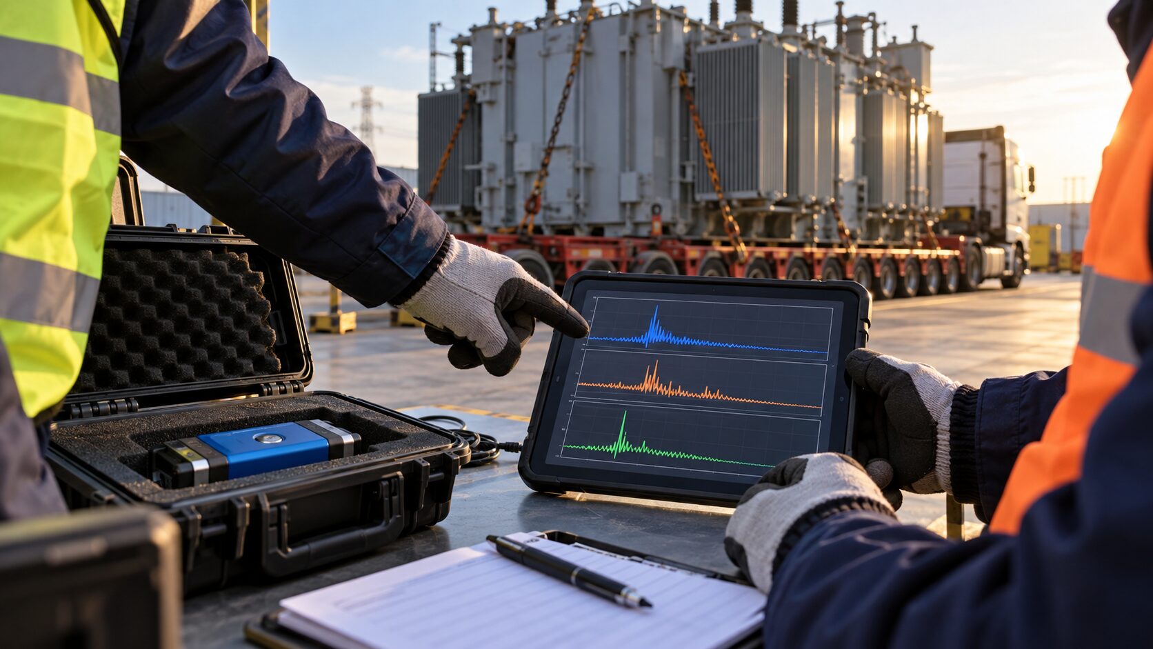 Engineer reviewing a transformer shock recorder event trace alongside shipment and custody records