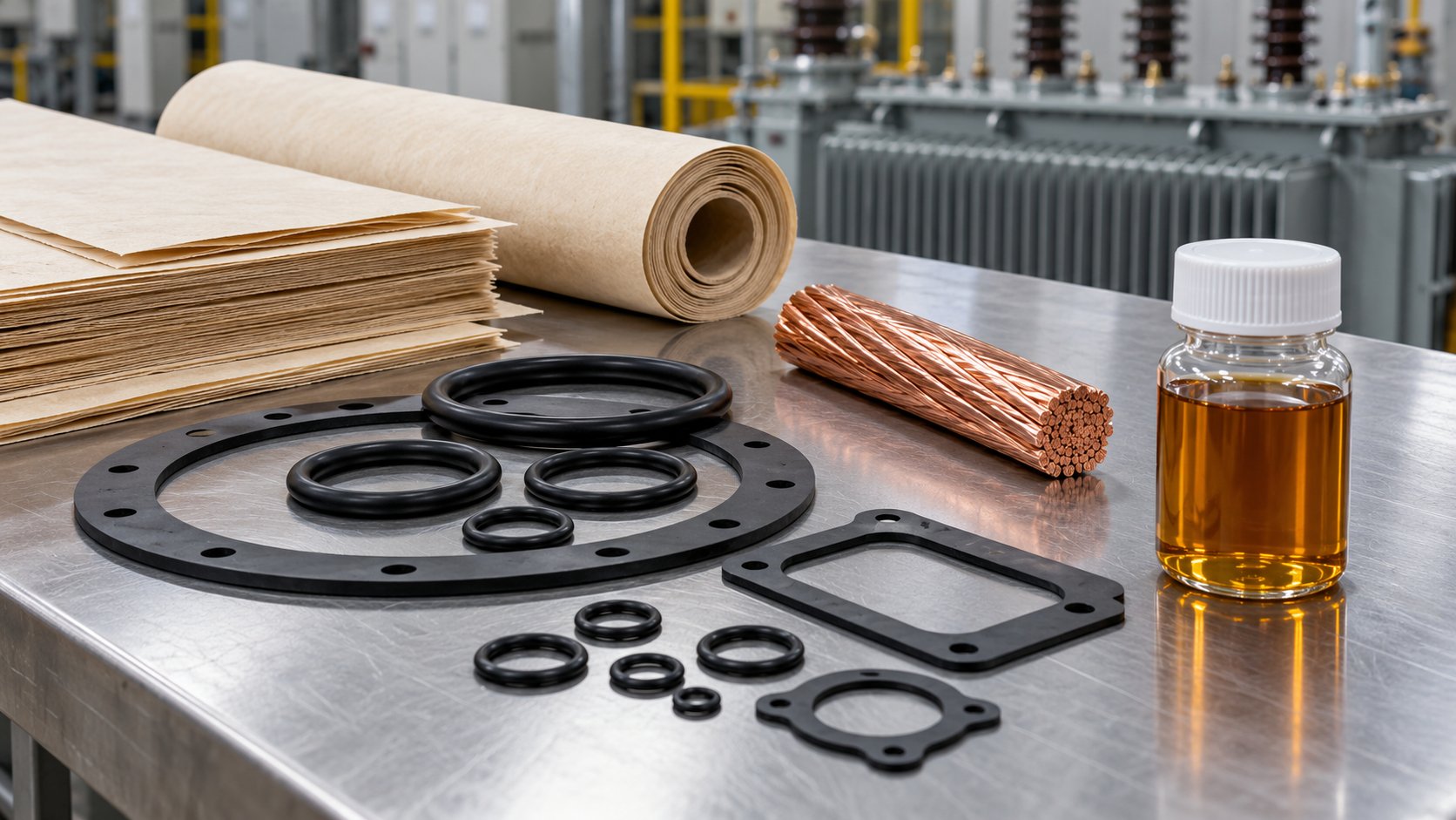 Gaskets, insulation paper and copper samples on an inspection bench