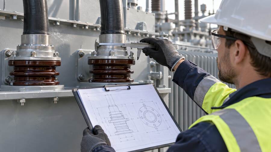 Engineer measuring a transformer bushing flange against an interface drawing