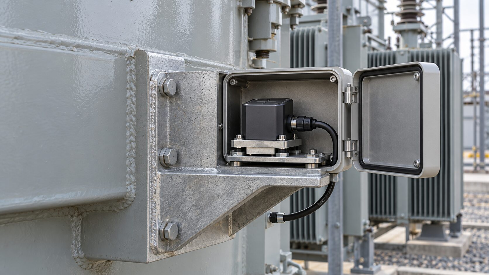Transport impact recorder mounted on a transformer shipping structure with documented axis orientation