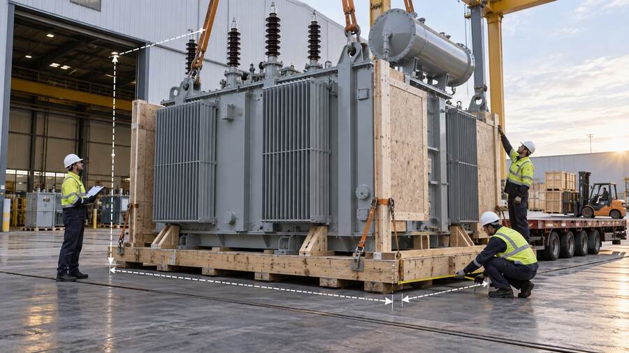 Packed power transformer dimensions and lifting points checked before shipment