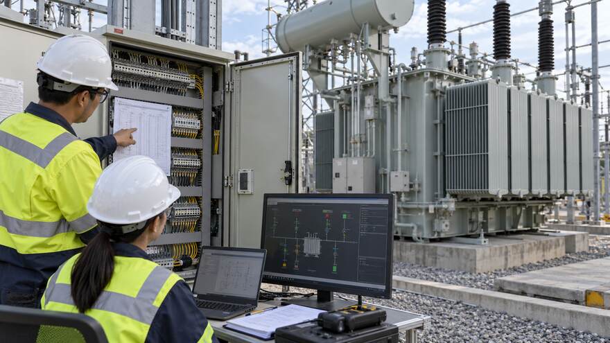 Engineers reviewing transformer marshalling cabinet terminals and SCADA signal interfaces