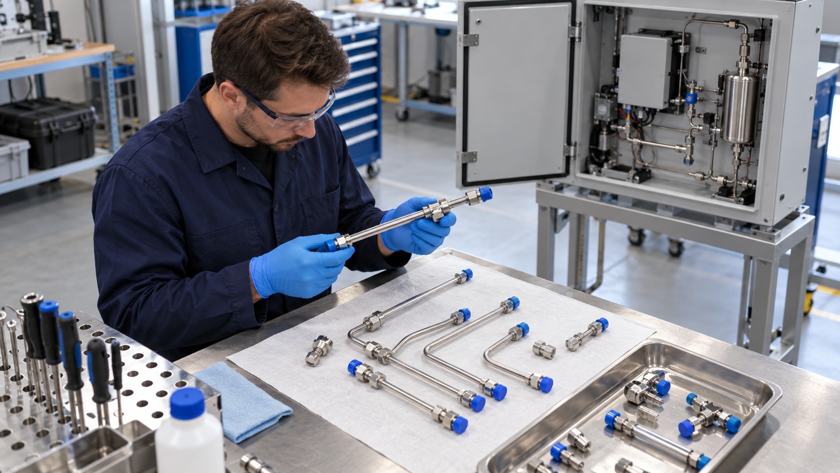 Technician inspecting protected tubing fittings beside a DGA monitor cabinet