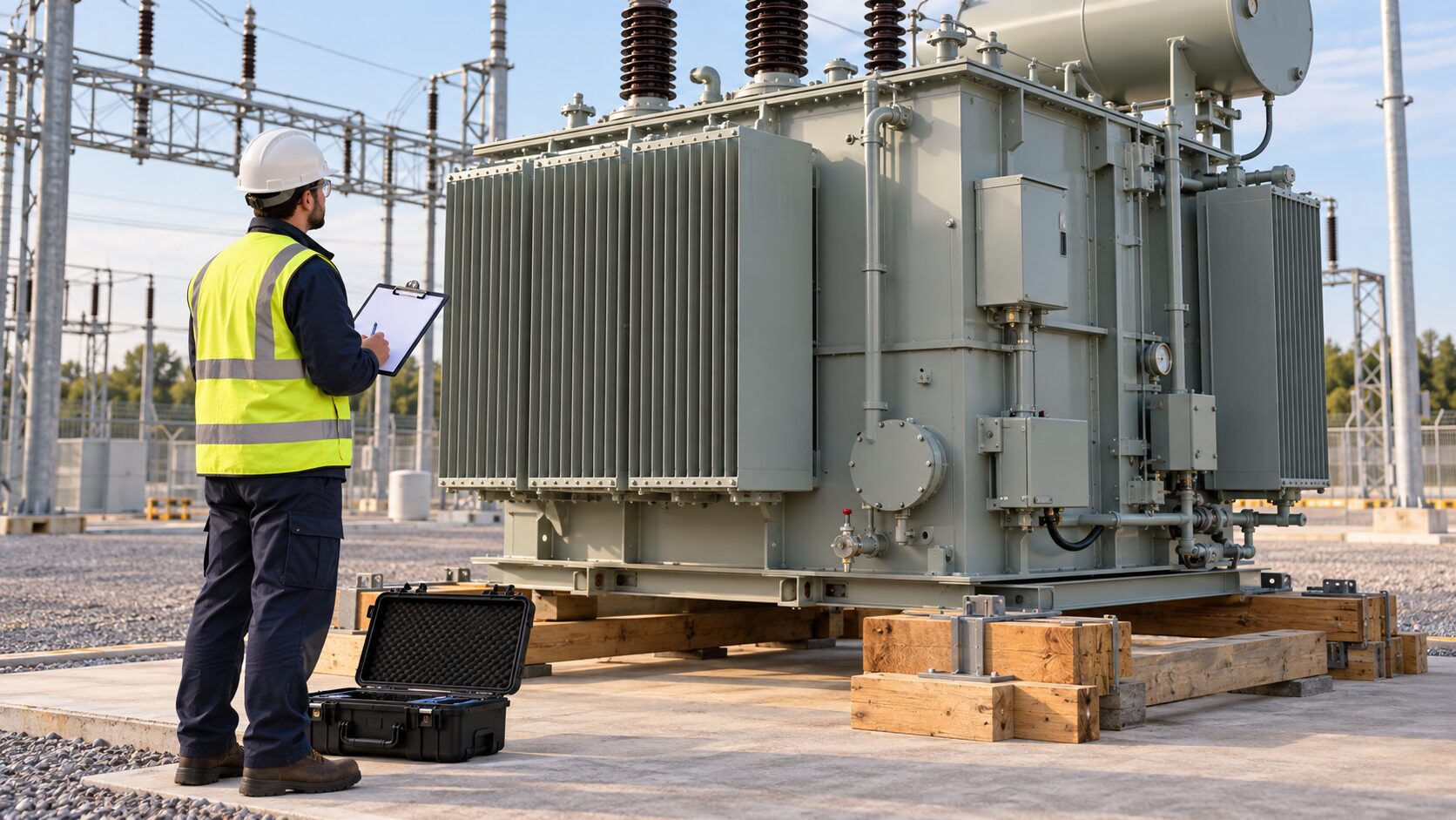 Transformer arrival inspection showing tank, shipping supports and recorder condition checks