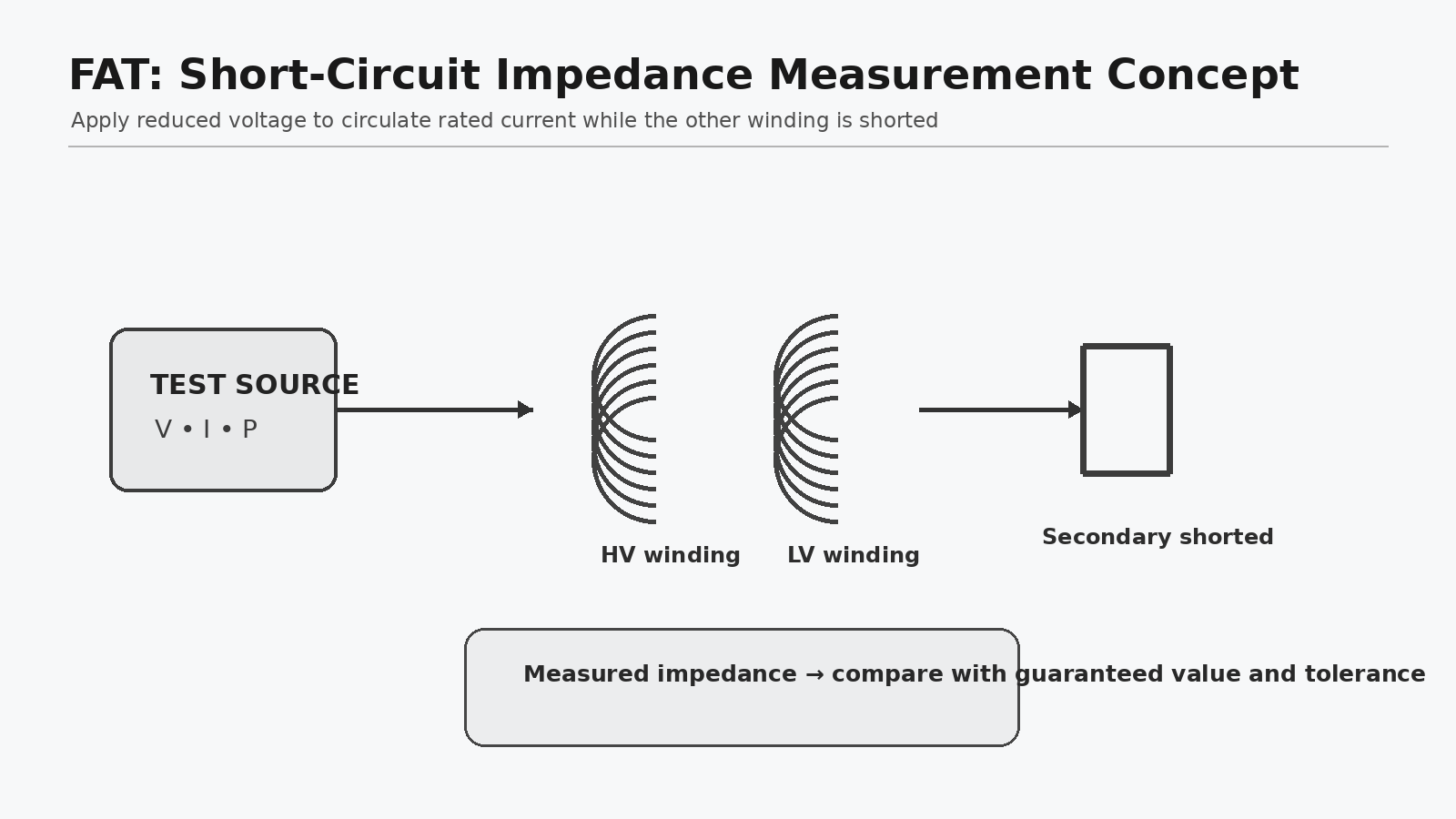 Concept diagram of transformer short-circuit impedance measurement during factory acceptance testing