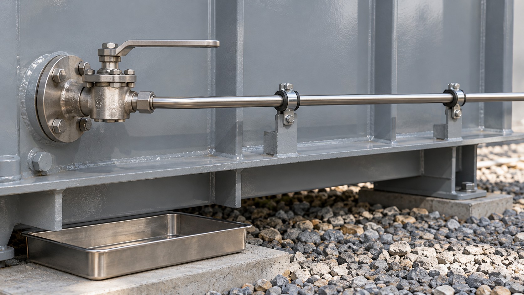 Transformer oil valve connected to supported stainless steel tubing