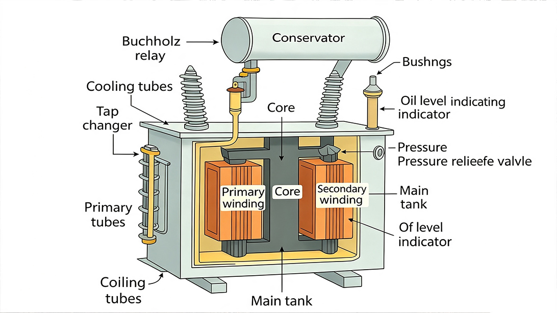 Oil-immersed transformer active part showing core, windings, leads and insulation structure
