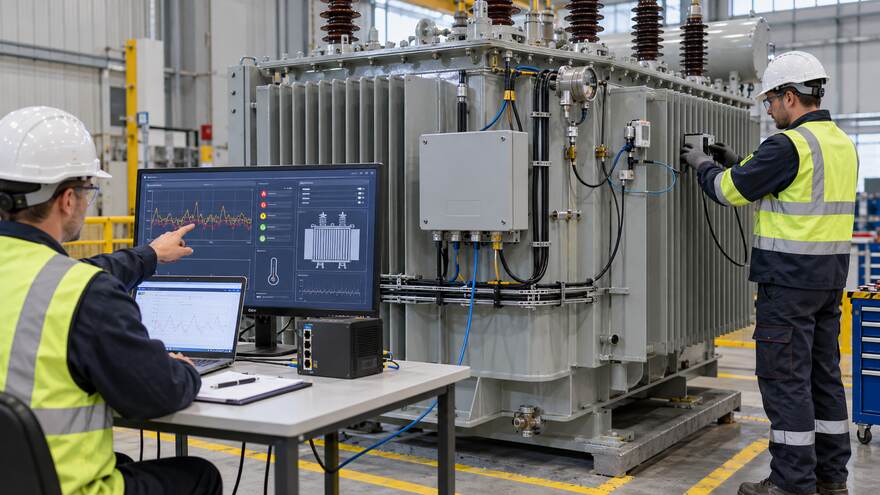 Factory team testing transformer monitoring alarms, wiring and communication gateway