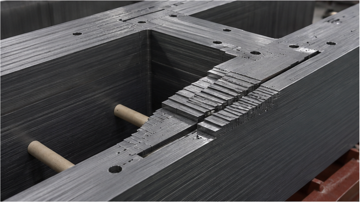 Close-up of overlapping steel laminations at a transformer core joint