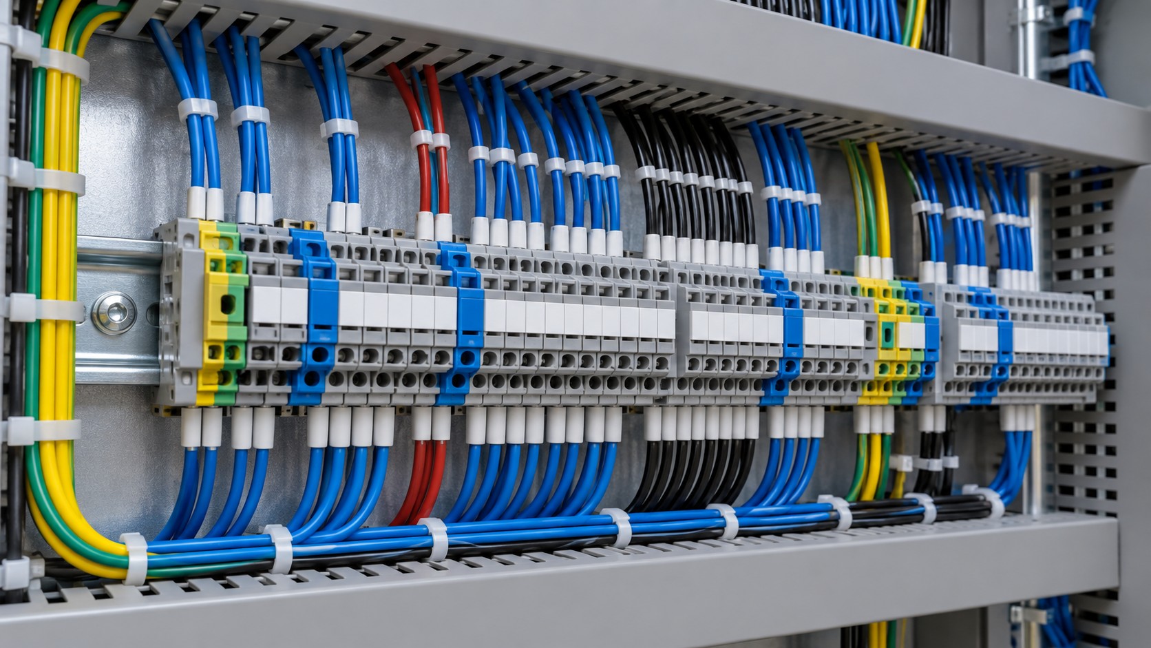 Insulated control wires and terminal blocks arranged inside a marshalling cabinet